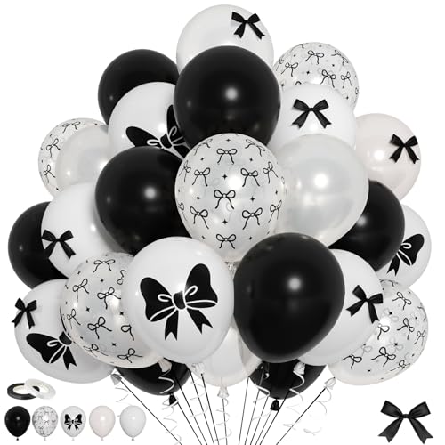 Image of Bow Balloons, 60Pcs Black Bows Balloon, 12 Inch Latex Black and White Bow Printed Balloons with Cute Bows Ribbons for Women Girls Birthday Party Baby Shower Bridal Shower Bow Theme Party Decorations