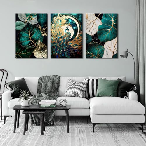 VVL 3pcs Emerald Green And Gold Wall Art Modern Abstract Gorgeous Peacock Canvas Paintings Prints Wall Decor for Living Room Bedroom Office Home Decoration