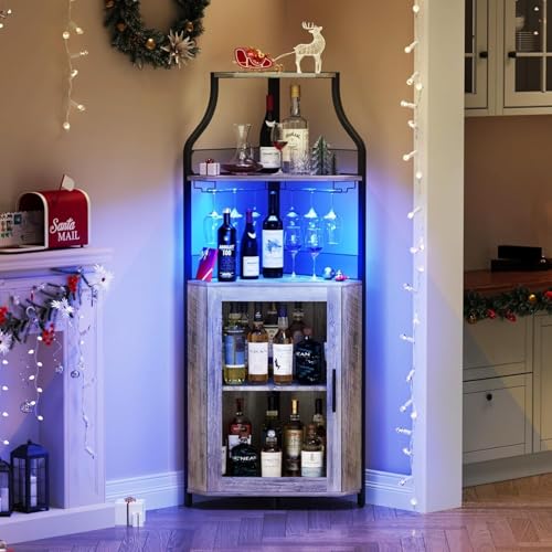 SunnyFurn 5-Tier Industrial Wine Cabinet with LED Strip and Glass Holder, Farmhouse Corner Bar Display Cabinet, Metal&Wood Bar Coffee Table, Freestanding Wine Rack for Home, Office, Cafe, Pub,Gray