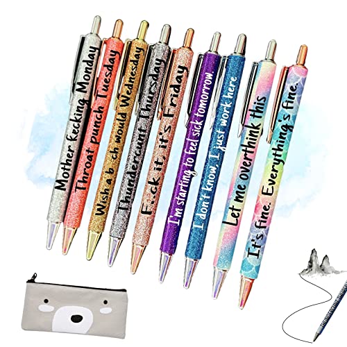 Yocartgo Pens, Swear Word Funny Pens, Funny Pens Swear Word Daily Pen Set, Weekday Vibes Glitter Pen Set, Funny Glitter Ballpoint Pens, Black ink, with Pen Bag (9pcs)