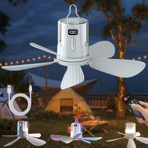 Ventilateur de Camping Lumière, Ventilateur Plafond Avec Lumière et Télécommande, Minuterie, Lampe de Camping LED Avec Ventilateur Rechargeable USB, Vitesses Réglables, Pour Tente (40cm-10800Ah)