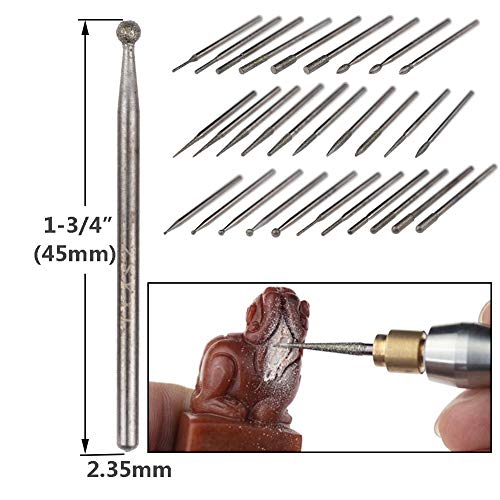 Yakamoz 30Pcs 2.35Mm Shank Titanium-Coated Diamond Burrs Set Rotary File Burs Accessories Kit For Rotary Grinder Tools Grinding Polishing Carving Stone Jewelry Glass Ceramics #TOP5
