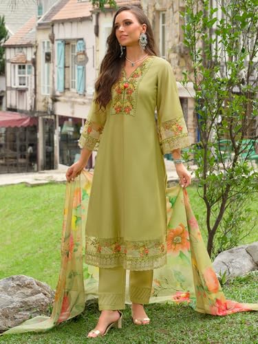 Image of INDO ERA Women's A-Line Silk Blend Floral Embroidered Kurta & Pant with Dupatta Set (IEOUT10970)
