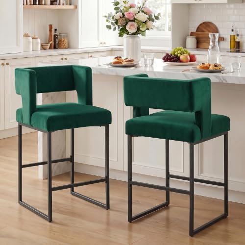 Image of Counter Height Bar Stools Set of 2, 26 inch H Upholstered Counter Stools with Metal Frame Black Legs Square Back Bar Height Stools, Velvet Modern Bar Stools for Kitchen Island, Bar Counter, Green