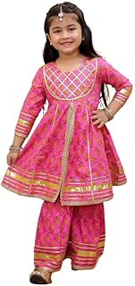 superminis Girls Cotton Floral Printed Gotta Work 3/4 Sleeves Sharara Suit Ethnic Wear Set