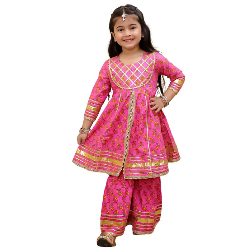 Image of superminis Girls Cotton Floral Printed Gotta Work 3 /4 Sleeves Sharara Suit Ethnic Wear Set