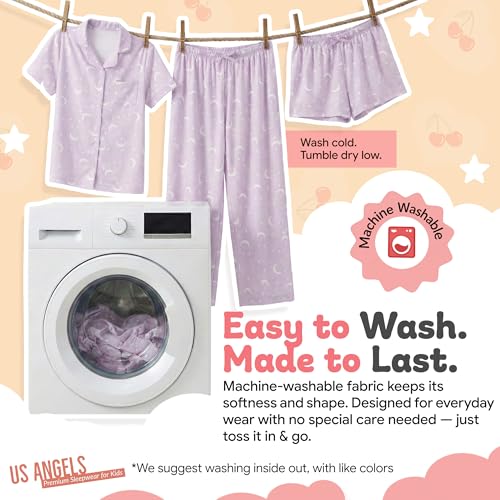 Image of US Angels Girls Pajama Set 3 Piece, Short Sleeve Button Down PJs with Shorts & Pants, Soft Sleepwear Girls & Tweens Size 5-16
