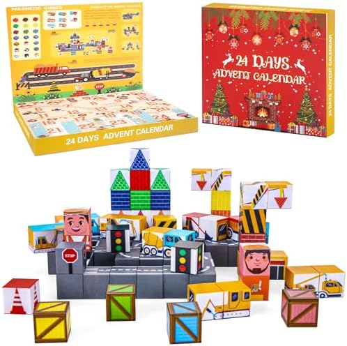 2025 Construction Magnetic Blocks Advent Calendar - 100PCS Christmas 24 Days Countdown Vehicles Construction Magnetic Building Cubes Toys Set for Kids Boys Girls Surprise Educational Gifts