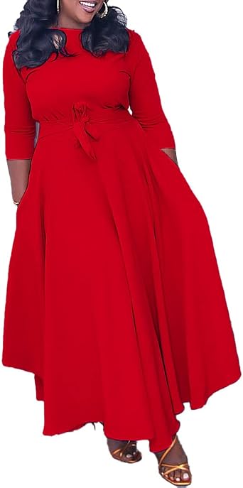 Bengbobar Womens Flowy 3/4 Sleeve Crewneck Prom Dress Belted Elegant Swing Sundress Floor Length Dress Oversized