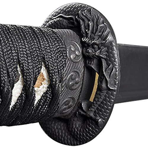 Handmade Sword - Japanese Style Samurai Tanto Swords, Functional, Hand Forged, 1045 Carbon Steel, Heat Tempered, Full Tang, Sharp, Dragon Tsuba, Black Wooden Scabbard