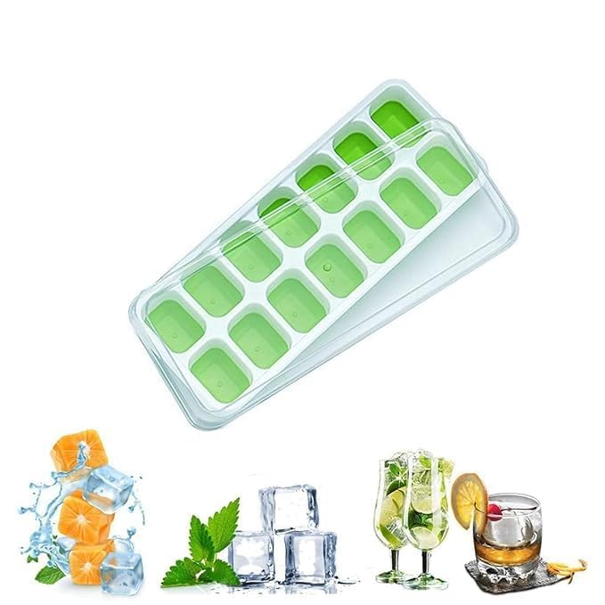 Image of ice Cube Tray with Lid - BPA Free Flexible Silicone Ice Maker Mold, Easy-Release 14-Cavity Ice Cube Trays for Freezer (Set of 2 -Green)