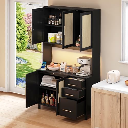 Crlnaup Aparador de cocina de 183 cm, buffet, luces LED decorativas, 2 USB, 2 enchufes, estantes ajustables, 3 cajones, asas de metal doradas, ideal para cocinas y comedores.