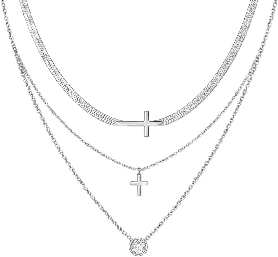 (-35%) MPRAINBOW 3Pcs Kette Damen Silber Layering Halskette für Damen Wasserdicht Mit Zirkonia Herz & Kreuz Anhänger