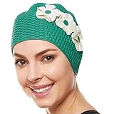 Latex Bubble Crepe Swim Bathing Cap with 3 Flowers - Green with White Flowers