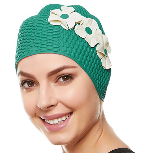 Beemo Swim Bathing Caps for Women Latex Triple Flowers-Green w/White Flowers