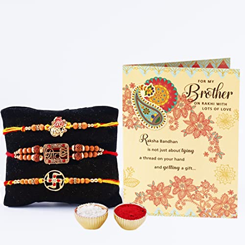 Image of ARCHIES Rakhi for Brother Rakshabandhan Combo of 3 Auspicious Swastik Shiv Rakhis With 1 Roli & Chawal Set-10gm & Greeting Card (Pack of 5) for Bhaiya|Bro|Bhai
