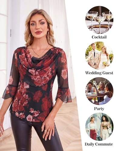 Lotusmile Going Out Tops for Women: 3/4 Length Sleeve Womens Tops - Fancy Dressy Blouses for Women Holiday Anniversary - Mesh Floral Flattering Womens Blouses Dinner Date Black Red Floral XXL
