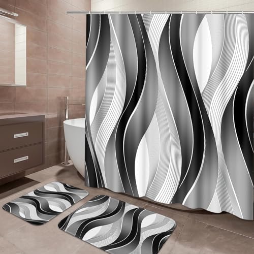 Tayney Grey and Black Shower Curtain Set Striped Bathroom Sets with Shower Curtain