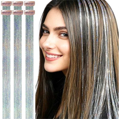 CelineBella Silver Hair Tinsel,Clip In,24 Inch 80 Strands/Pc Tinsel Hair Extensions Easy to Use Christmas New Year Festival Gift Daily Use for Women