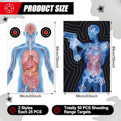 Hollowfly 50 Pack 23 x 35 Inch Shooting Range Targets Paper Shooting Targets Human Silhouette Targeting X-Ray Skeleton Designs Anatomical for Practice