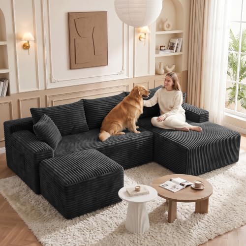 Image of Boneless Couch, U-Shape Corduroy Sectional Sofa, Black