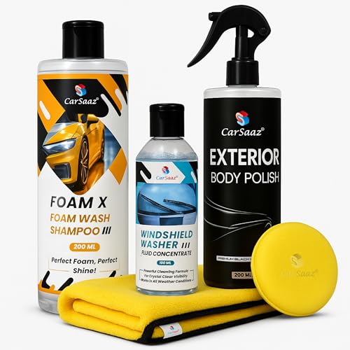 Image of CAR SAAZ Car Rain Ready Protective Combo | Includes: Car Shampoo, Windshield Washer, Exterior Body Polish, Applicator Pad & Microfiber Cloth | Monsoon Car Care Kit for Shine, Clarity & Protection