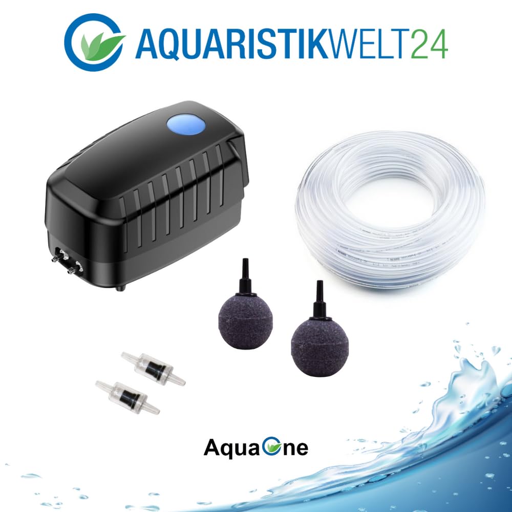 AquaOne Pompe à air CAP-20 I Pompe à aérateur 8 W en kit I Pompe à oxygène pour grands bassins de jardin de 8 m³ I Ventilation de bassin économe en énergie I Tuyau de diffuseur d'air inclus
