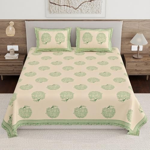 Image of Living Roots Ethnic Jaipur Block Print Double Cotton Bedsheet & 2 Pillow Covers, for Mattress Upto 6 inches Thick, No Colour Bleeding, Leaf Green Colour, King Size 90 * 108 inches, 120TC (605-A)