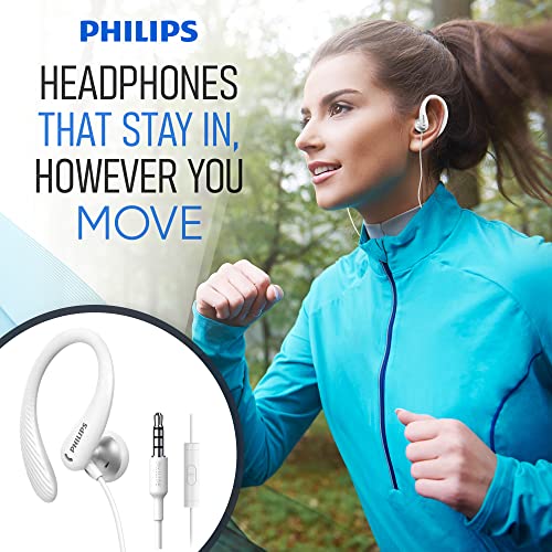 Image of PHILIPS Over The Ear Earbuds, Flexible Wrap Around Earbuds, Around Ear Headphones with Mic Behind The Ear Headphones, Perfect for Sports, Running, Exercise, Gym (White)