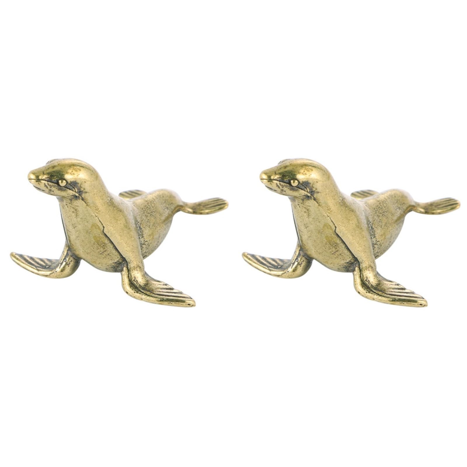 2Pcs Brass Mini Seal Figurine - Vintage Sea Animal Ornament for Desktop Decor, Collectible Seal Sculpture, Retro Home Accessories