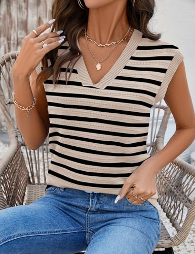 Image of AKEWEI Sweater Vest Women Sleeveless Knitted V Neck Cap Sleeve Pullover Tank Tops 2025 Summer Fall Fashion Causal Trendy
