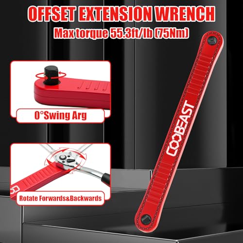 Image of coobeast Red Offset Extension Wrench Impact Ready Socket Wrench Extender Tool with Versatile 1 /4 inch, 3 /8 inch, and 1 /2 inch Square Drive Adapters, Universal Extensions Wrench for Small Place