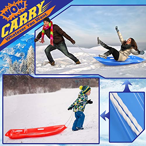 tomser Snow Sled 2 Pack, Large Toboggan Snow Sled for Adults and Kids Durable Saucer Sleds for Snow Winter Snow Sledding for Outdoor Grass Dune Game Plastic Sled Red and Blue