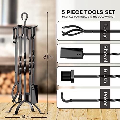 Steeleopard 5-Piece Fireplace Tools Set 31", Wrought Iron Fire Place Set Tools With Poker Shovel Tongs Brush, Stand For Outdoor Indoor Chimney Stove Chimenea, Heavy Duty Fireplace Accessories, Black #TOP1