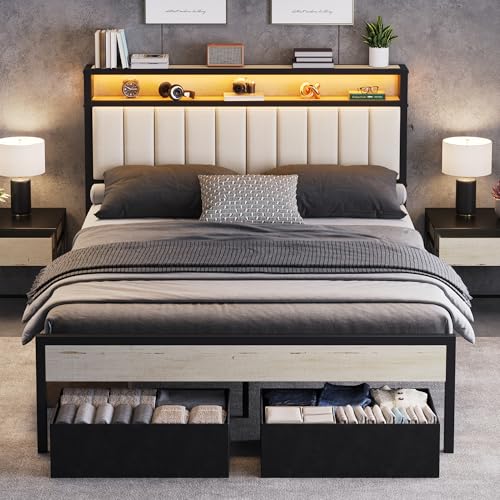 Image of AMERLIFE Queen Bed Frame with LED Light and 2 Storage Drawers, Metal Platform Bed with Storage Headboard, Velvet Upholstered, Heavy-Duty Slats, No Box Spring Needed, Easy Assembly, White