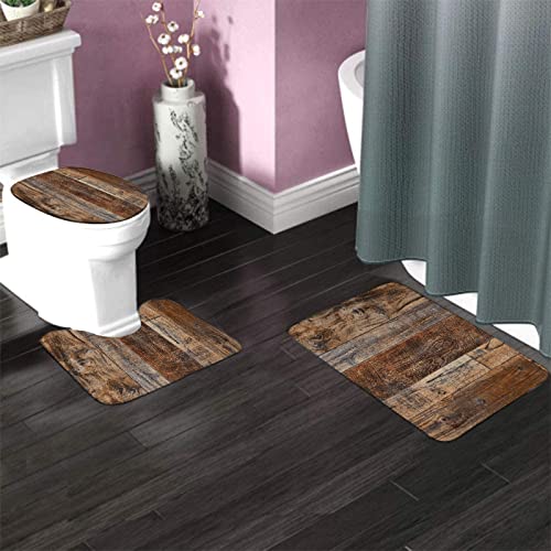 Badezimmerteppich-Set, 3-teilig, Vintage-braunes Holzspleißmuster, waschbare Badteppiche, rutschfest, mit Rückenpolster, Konturteppich und Toilettendeckelbezug – Bild 3