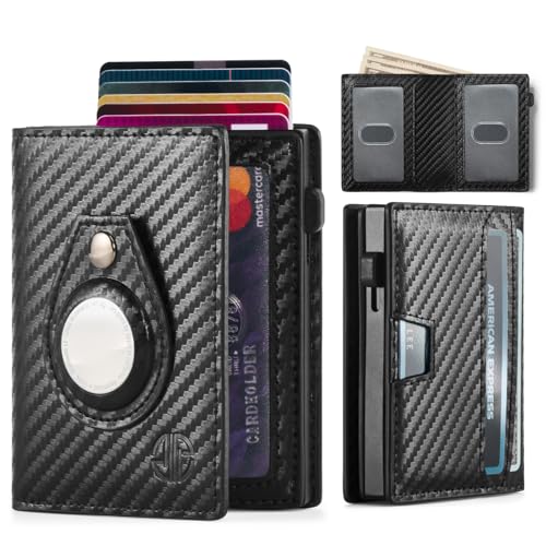 Popvibe Wallet for Men Leather Pop Up Card Holder Wallet with AirTag Holder, 2 ID Windows & Money Slot, Minimalist RFID Bifold Wallet Slim Front Pocket Wallets with Gift Box (Carbon Fiber)