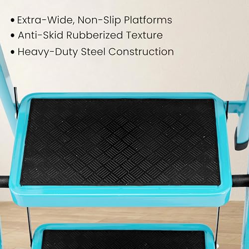 Image of Teal Blue 4 Step Ladder for Home Use with Built-in Tool Tray | Heavy Duty D Shape Rods | Ultra Large Platform | Wide Rubber Feet | 150Kg Capacity Foldable Ladder - 7 Years Warranty