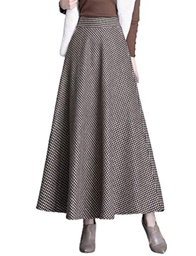 IDEALSANXUN Womens Long Wool Skirts for Womens Elastic Waist Plaid Flared Pleated Ankle Skirts(Khaki, S)