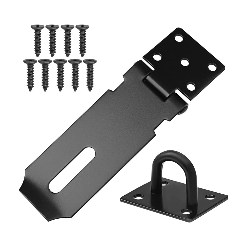Shed Lock 4 Inch Hasp and Staple 304 Stainless Steel Padlock Latch with Fixing Screws, External Door Security Clasp for Gates, Cabinets & Pet Cages (Black)