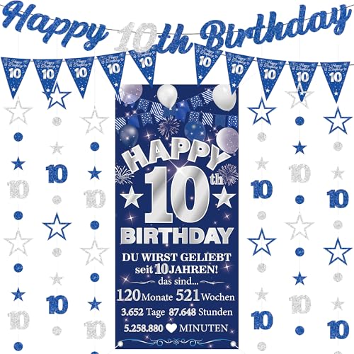 10 Geburtstag Junge Deko Banner - 9 Stück Blau Glitzer Geburtstagsdeko Birthday Banner Twinkle Star Girlande Hanging Streamer(6 M) HintergrüNde For 10 Jahre Party Dekoration Geburtstagsfeier