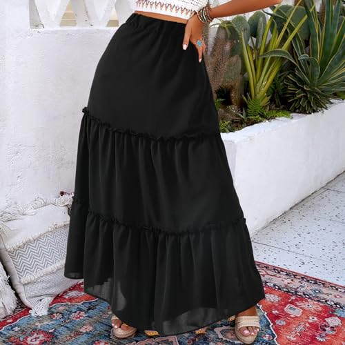 Jane Shine Women's Summer Boho Maxi A-Line Long Skirts Elastic High Waist Ruffle Swing Beach Dress with Lining3