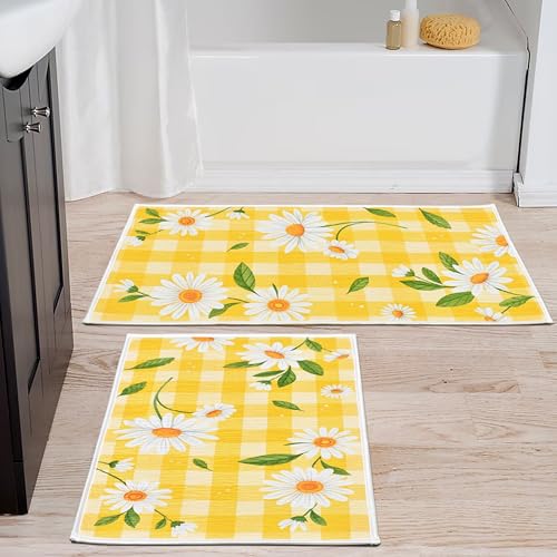 Image of Digital Printed Bathmat Set of 2 | Anti-Skid Mess Backing | Large & Small Combo | Water Absorbent, Quick Dry, Soft Floor Mat for Bathroom & Home Color - Floral Printed Yellow and White