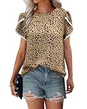 Picture of PRETTYGARDEN Women's Shirts Summer Casual Crewneck Lace Crochet Short Sleeve Blouses Cute Floral Print Loose Tunic Tops(Dot Black Apricot,Large)