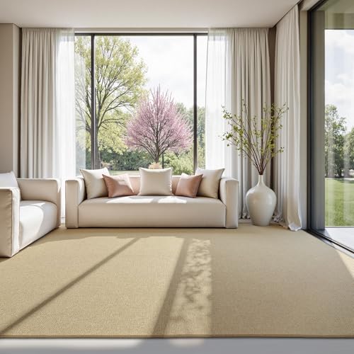 NICETOWN 5'x7' Farmhouse Faux Jute Area Rug, Thin Washable Non Slip Rugs for Living Room Entryway Modern Accent Rug Floor Carpet for Farmhouse Dining Room Bedroom Kitchen Entryway, Natural