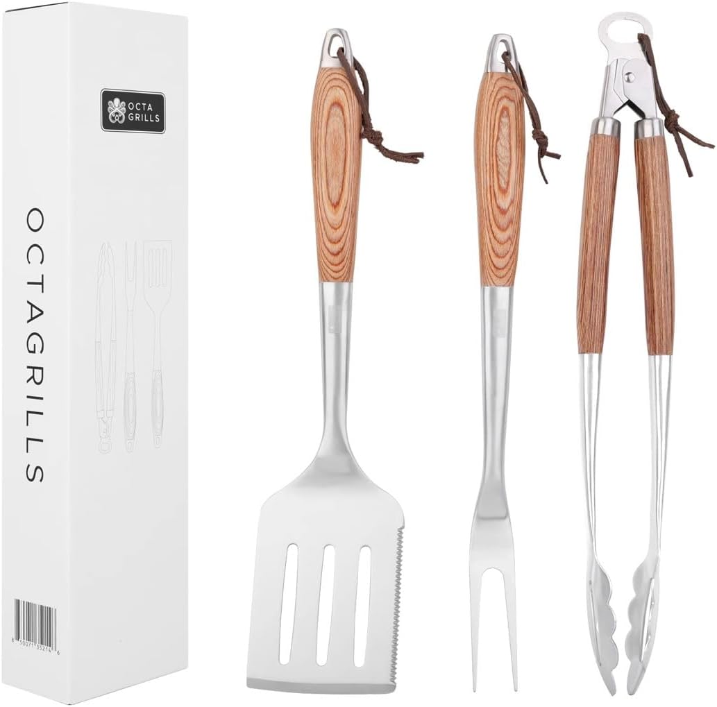 Octagrills 3-Piece Stainless Steel BBQ Grill Tool Set: Extra Wide 10cm Spatula, Pakka Wood Handles, Leather Loops for Safe Grilling