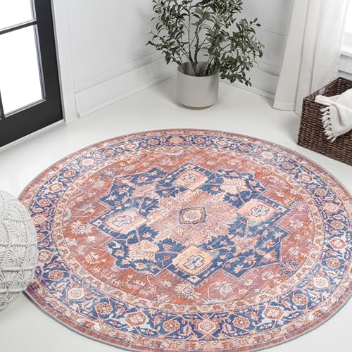 JONATHAN Y Machine Washable Terracotta/Navy Round Area Rug 6 ft, Maris Ornate Medallion for Living Room, Bedroom, Kitchen, Office, Easy-Cleaning, High Traffic, Pet-Friendly, Non-Shedding (WSH109A-6R)