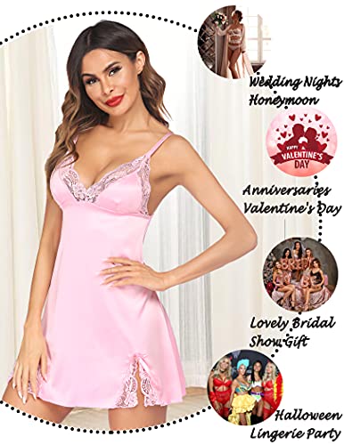 Image of ADOME Lingerie for Women Lace Chemise Nightgown Satin Babydoll Dress Silk Slip Nightwear S-XXL
