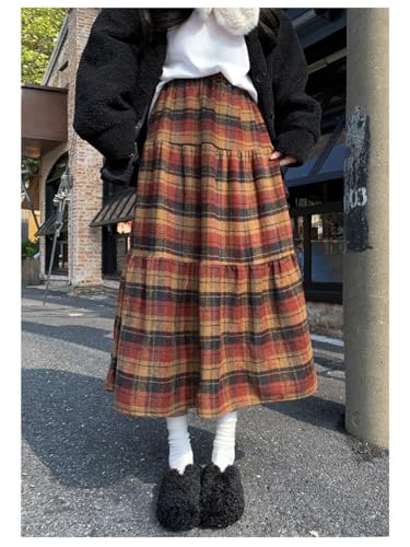 utcoco Women's Vintage Plaid Midi Skirt High Waist A Line Tiered Flared Patchwork Long Skirt for Fall & Winter2