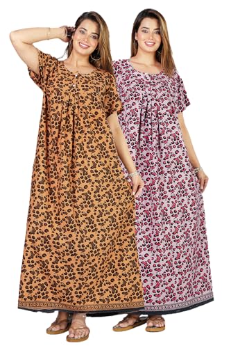 Image of Kuruti B Sheets Nighty for Women Cotton Combo (Pack of 2 Pcs) Nighty Gown Round Neck Short Sleeves Free Size